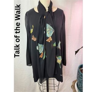 Talk of the Walk Black 100% Silk Butterfly Print Tunic Blouse Sheer Scarf Tie